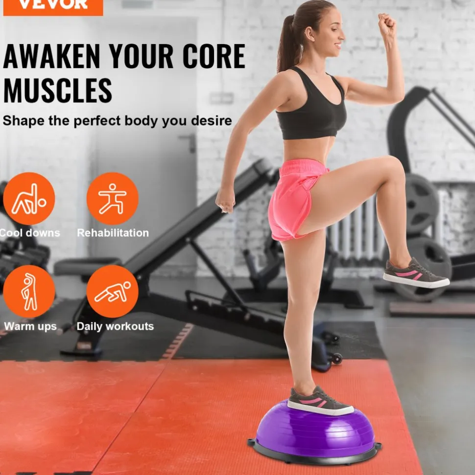 VEVOR Half Exercise Ball Trainer, 23 inch Balance Ball Trainer, 660lbs Stability Ball, Yoga Ball with Resistance Bands & Foot Pump, Strength Fitness Ball for Home Gym, Full Body Workout, Purple