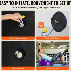 VEVOR Half Exercise Ball Trainer, 23 inch Balance Ball Trainer, 660lbs Stability Ball, Yoga Ball with Resistance Bands & Foot Pump, Strength Fitness Ball for Home Gym, Full Body Workout, Purple