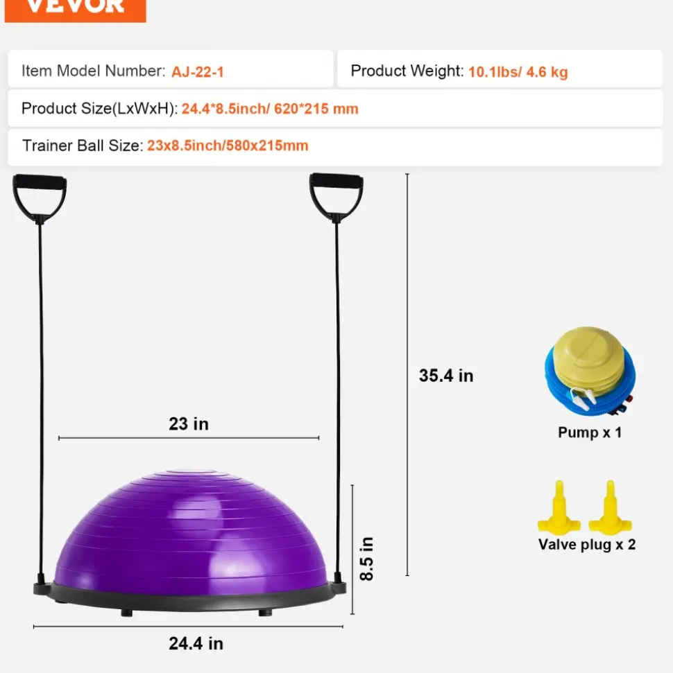 VEVOR Half Exercise Ball Trainer, 23 inch Balance Ball Trainer, 660lbs Stability Ball, Yoga Ball with Resistance Bands & Foot Pump, Strength Fitness Ball for Home Gym, Full Body Workout, Purple