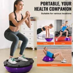VEVOR Half Exercise Ball Trainer, 23 inch Balance Ball Trainer, 660lbs Stability Ball, Yoga Ball with Resistance Bands & Foot Pump, Strength Fitness Ball for Home Gym, Full Body Workout, Purple