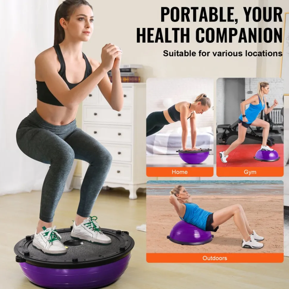 VEVOR Half Exercise Ball Trainer, 23 inch Balance Ball Trainer, 660lbs Stability Ball, Yoga Ball with Resistance Bands & Foot Pump, Strength Fitness Ball for Home Gym, Full Body Workout, Purple