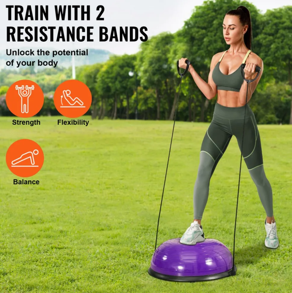 VEVOR Half Exercise Ball Trainer, 23 inch Balance Ball Trainer, 660lbs Stability Ball, Yoga Ball with Resistance Bands & Foot Pump, Strength Fitness Ball for Home Gym, Full Body Workout, Purple