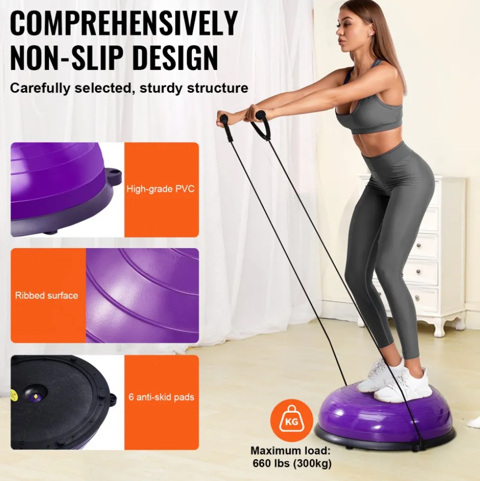 VEVOR Half Exercise Ball Trainer, 23 inch Balance Ball Trainer, 660lbs Stability Ball, Yoga Ball with Resistance Bands & Foot Pump, Strength Fitness Ball for Home Gym, Full Body Workout, Purple