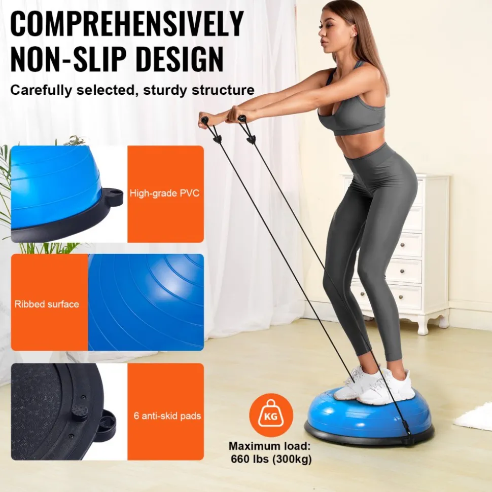 VEVOR Half Exercise Ball Trainer, 26 inch Balance Ball Trainer, 1500lbs Capacity Stability Ball, Yoga Ball with Resistance Bands & Foot Pump, Strength Fitness Ball for Home Gym Full Body Workout, Pink