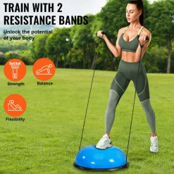 VEVOR Half Exercise Ball Trainer, 26 inch Balance Ball Trainer, 1500lbs Capacity Stability Ball, Yoga Ball with Resistance Bands & Foot Pump, Strength Fitness Ball for Home Gym Full Body Workout, Pink