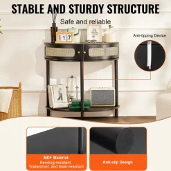 VEVOR Half-moon Rattan Console Table with 2 Drawers, Rattan Entryway Table with Natural Rattan Sliding Door, Console Table with Storage for Living Room, Study, Entryway Or TV Wall, Black