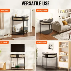 VEVOR Half-moon Rattan Console Table with 2 Drawers, Rattan Entryway Table with Natural Rattan Sliding Door, Console Table with Storage for Living Room, Study, Entryway Or TV Wall, Black