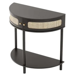 VEVOR Half-moon Rattan Console Table with 2 Drawers, Rattan Entryway Table with Natural Rattan Sliding Door, Console Table with Storage for Living Room, Study, Entryway Or TV Wall, Black