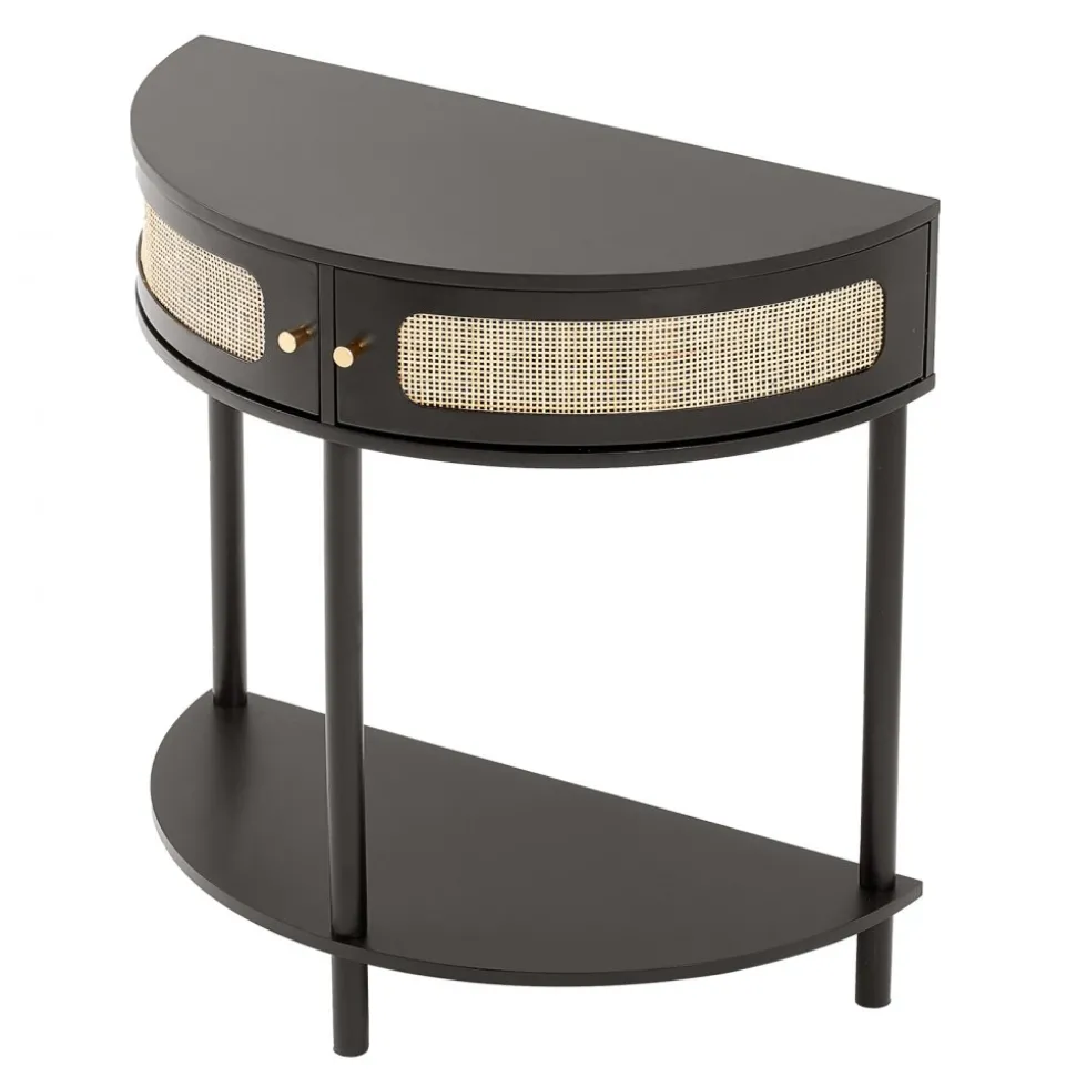 VEVOR Half-moon Rattan Console Table with 2 Drawers, Rattan Entryway Table with Natural Rattan Sliding Door, Console Table with Storage for Living Room, Study, Entryway Or TV Wall, Black