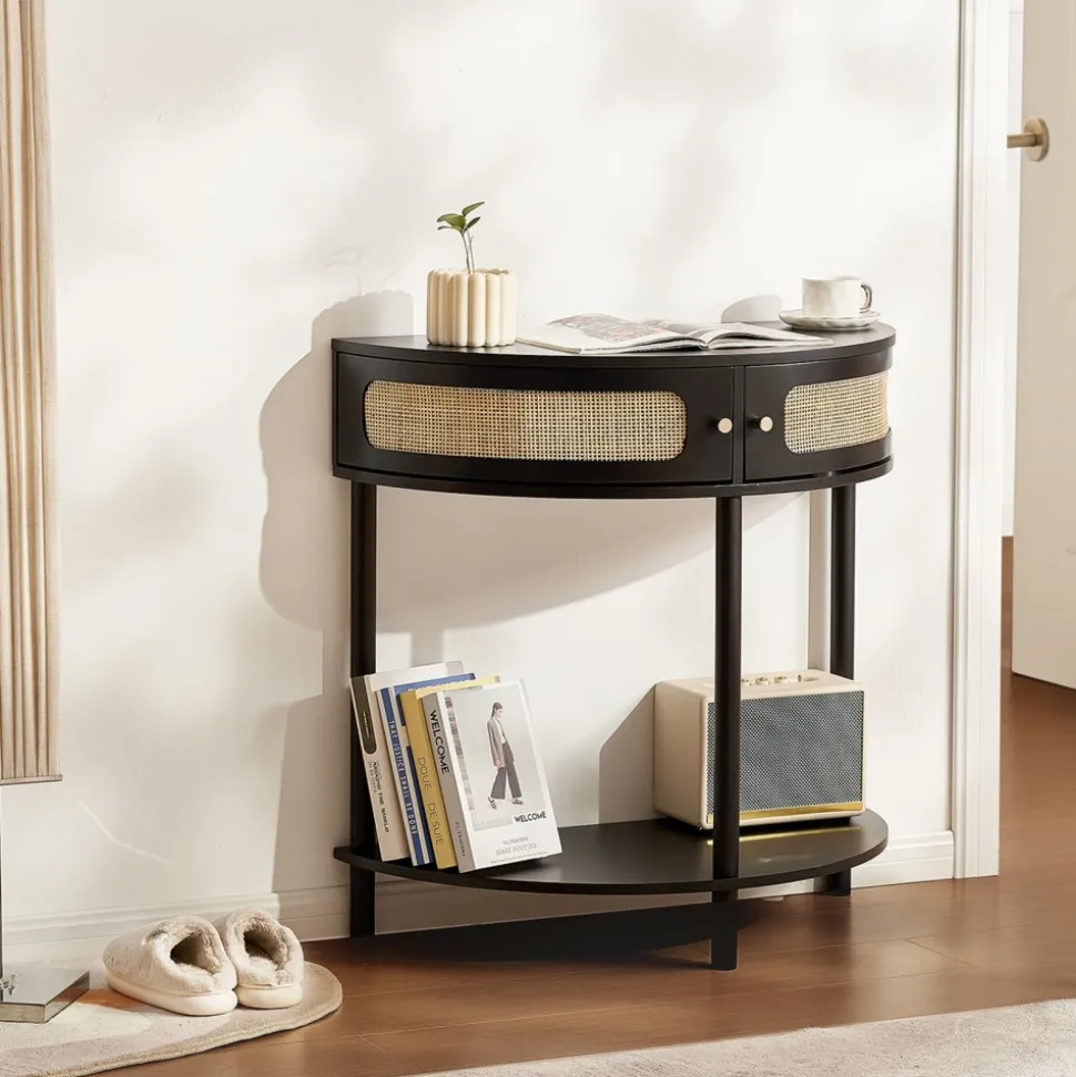 VEVOR Half-moon Rattan Console Table with 2 Drawers, Rattan Entryway Table with Natural Rattan Sliding Door, Console Table with Storage for Living Room, Study, Entryway Or TV Wall, Black