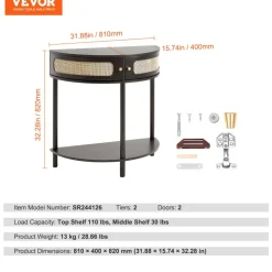 VEVOR Half-moon Rattan Console Table with 2 Drawers, Rattan Entryway Table with Natural Rattan Sliding Door, Console Table with Storage for Living Room, Study, Entryway Or TV Wall, Black