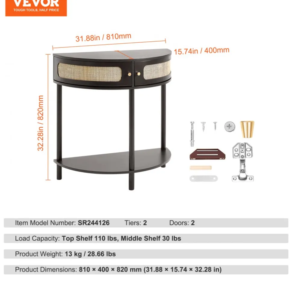 VEVOR Half-moon Rattan Console Table with 2 Drawers, Rattan Entryway Table with Natural Rattan Sliding Door, Console Table with Storage for Living Room, Study, Entryway Or TV Wall, Black