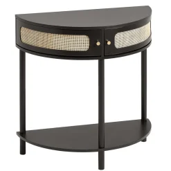 VEVOR Half-moon Rattan Console Table with 2 Drawers, Rattan Entryway Table with Natural Rattan Sliding Door, Console Table with Storage for Living Room, Study, Entryway Or TV Wall, Black