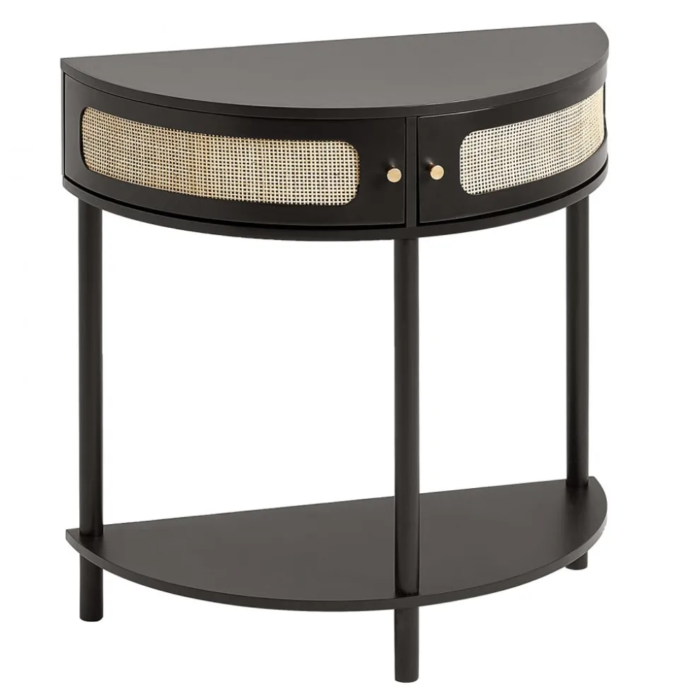 VEVOR Half-moon Rattan Console Table with 2 Drawers, Rattan Entryway Table with Natural Rattan Sliding Door, Console Table with Storage for Living Room, Study, Entryway Or TV Wall, Black