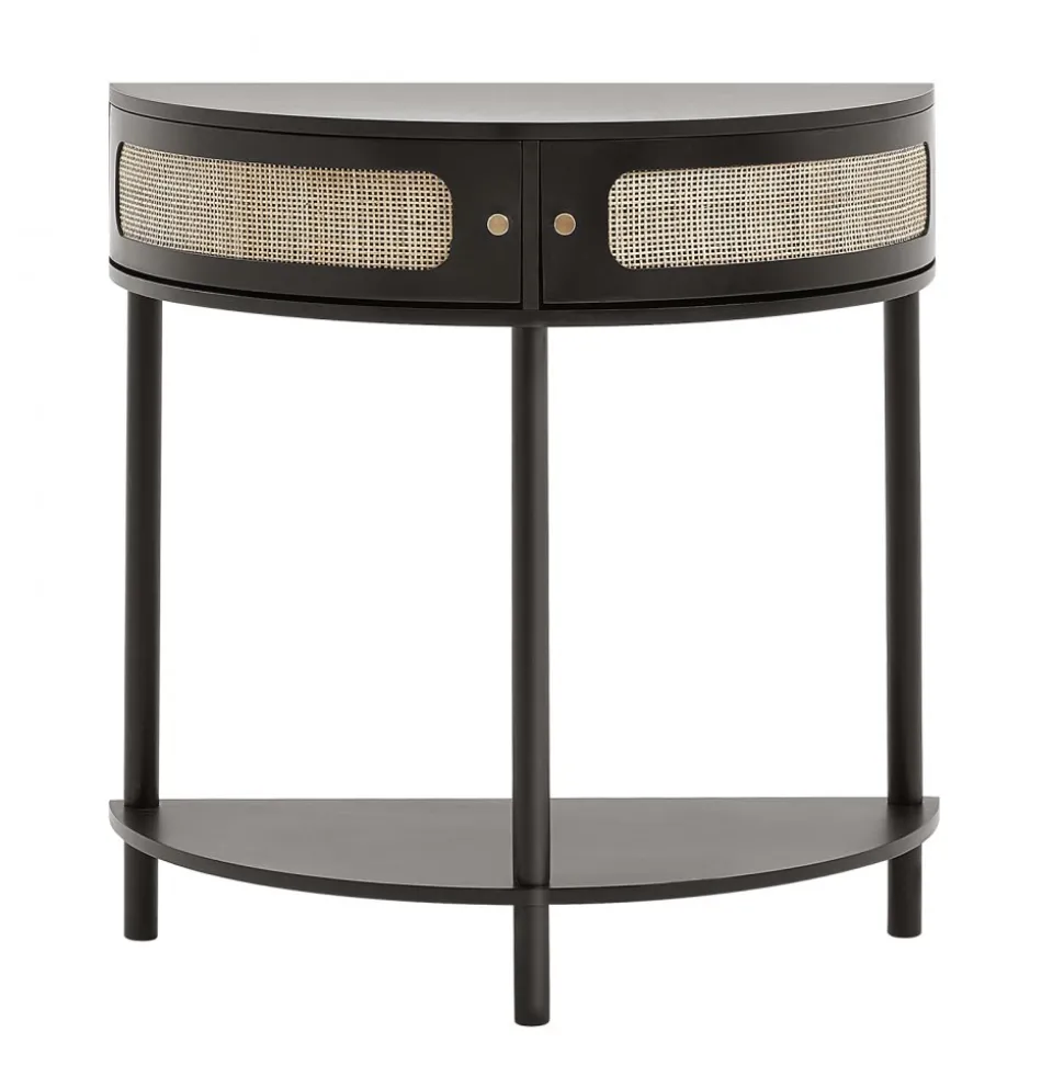 VEVOR Half-moon Rattan Console Table with 2 Drawers, Rattan Entryway Table with Natural Rattan Sliding Door, Console Table with Storage for Living Room, Study, Entryway Or TV Wall, Black