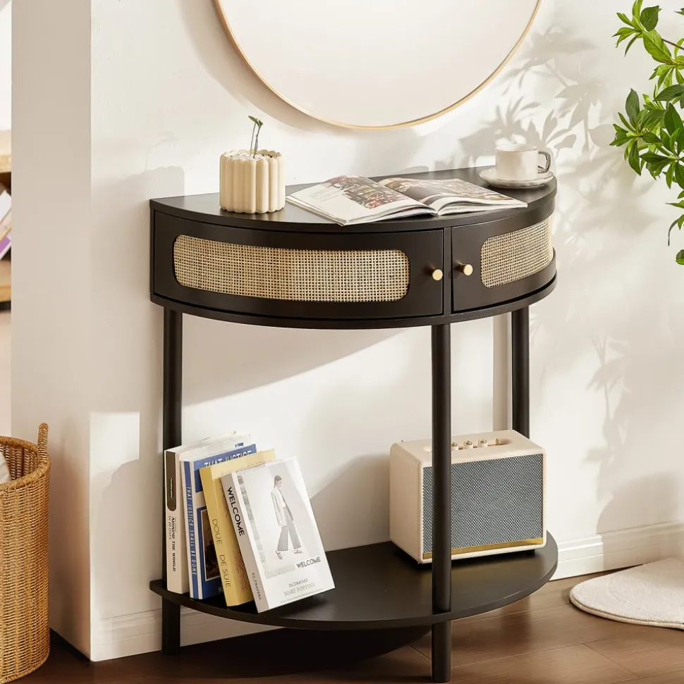 VEVOR Half-moon Rattan Console Table with 2 Drawers, Rattan Entryway Table with Natural Rattan Sliding Door, Console Table with Storage for Living Room, Study, Entryway Or TV Wall, Black