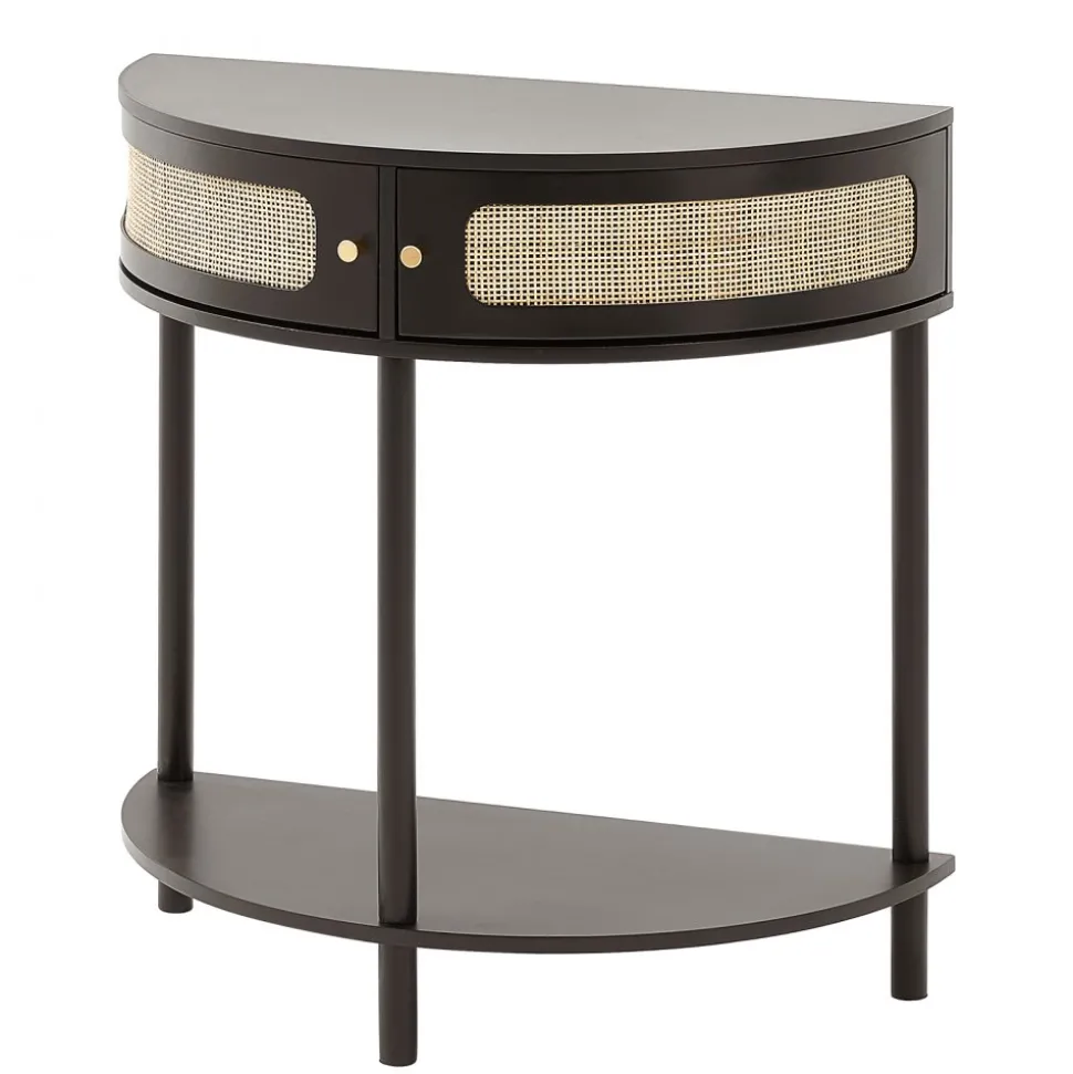 VEVOR Half-moon Rattan Console Table with 2 Drawers, Rattan Entryway Table with Natural Rattan Sliding Door, Console Table with Storage for Living Room, Study, Entryway Or TV Wall, Black