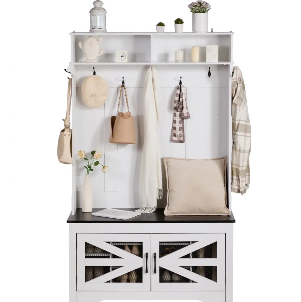 VEVOR Hall Tree Entryway Bench, Coat Rack with Shoe Storage, 32" Wide Mudroom bench with Storage and Seating, Adjustable Shelves and 5 Hanging Hooks with 4 Storage Drawers,for Mudroom,Entryway,Hallway