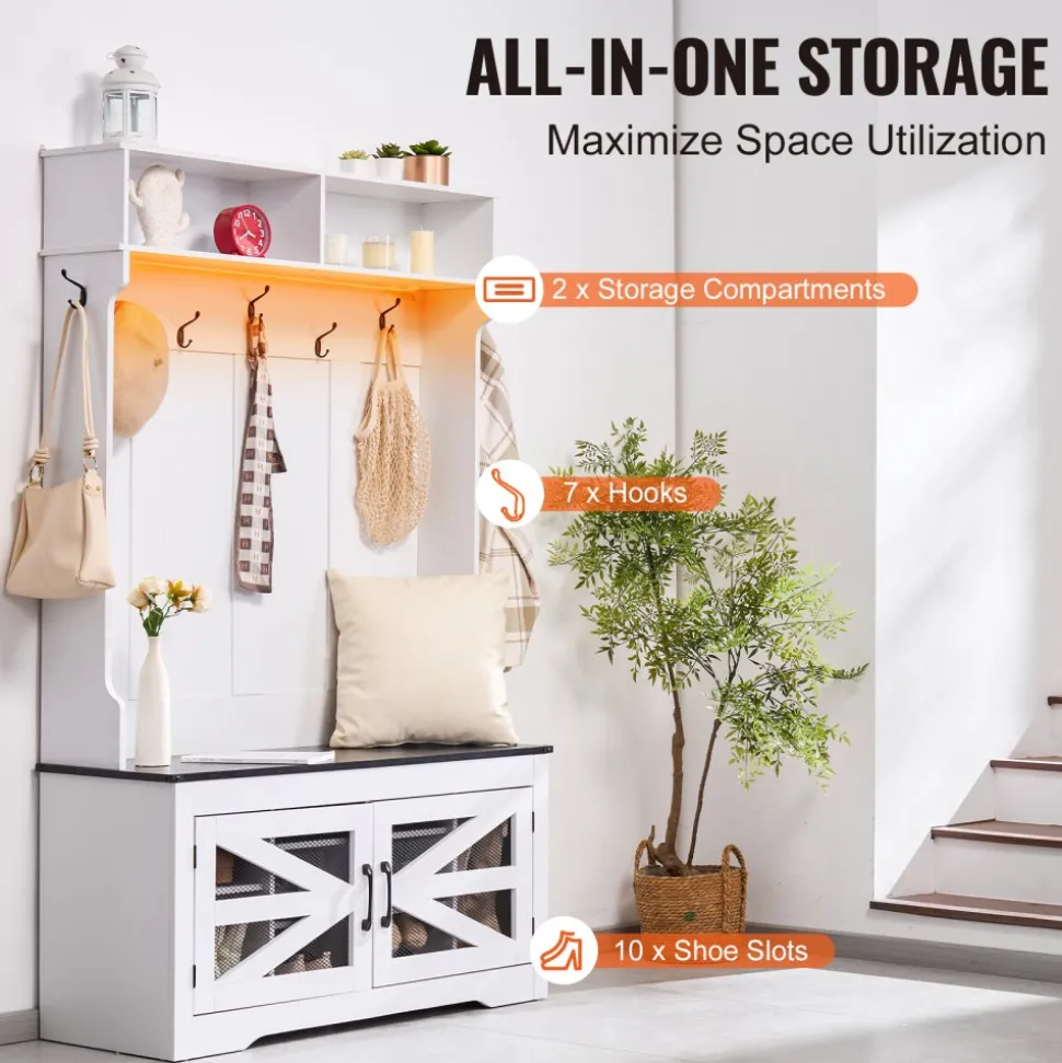 VEVOR Hall Tree Entryway Bench, Coat Rack with Shoe Storage, 32" Wide Mudroom bench with Storage and Seating, Adjustable Shelves and 5 Hanging Hooks with 4 Storage Drawers,for Mudroom,Entryway,Hallway