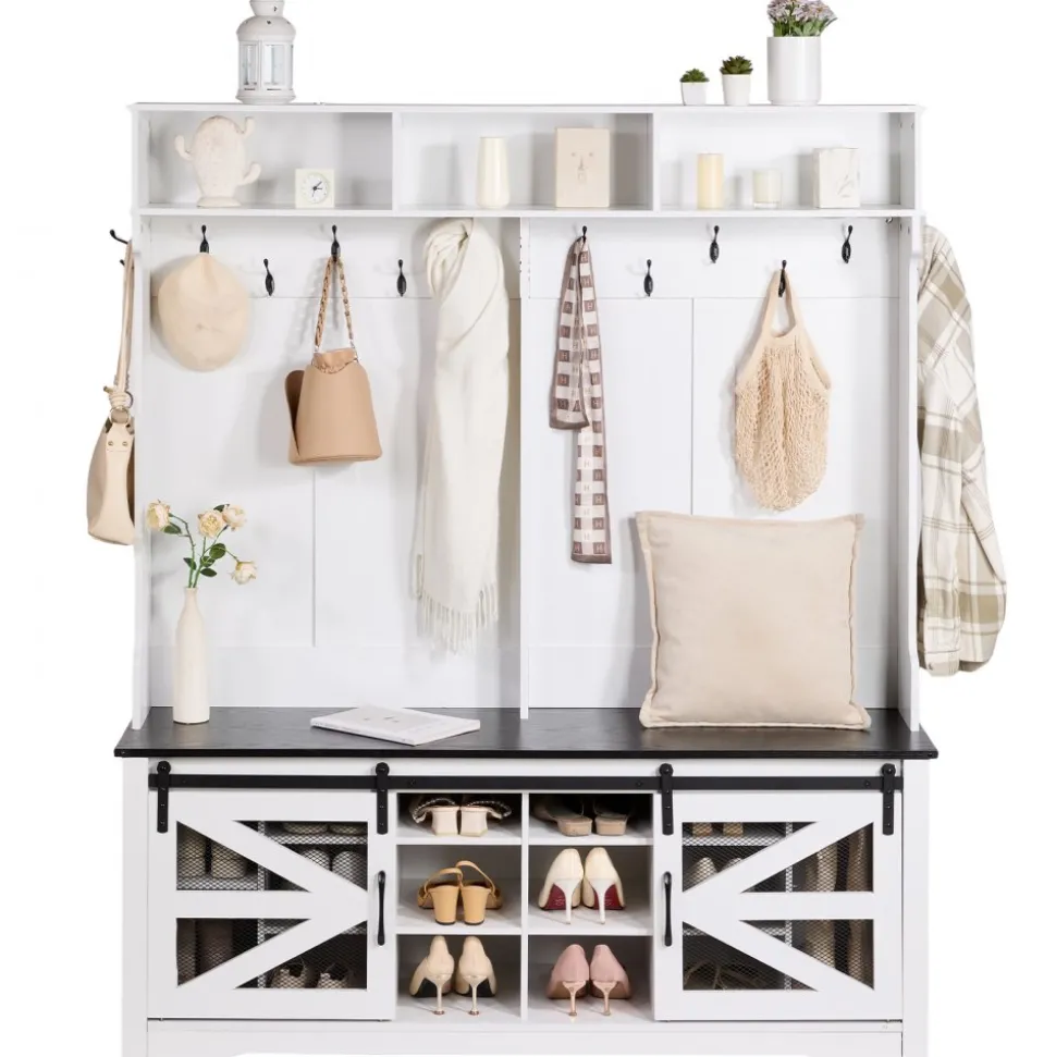 VEVOR Hall Tree Entryway Bench, LED Coat Rack with Shoe Storage, 59" Wide Mudroom bench with Storage and Seating, Adjustable Shelves and 12 Hanging Hooks, for Mudroom, Entryway, Hallway