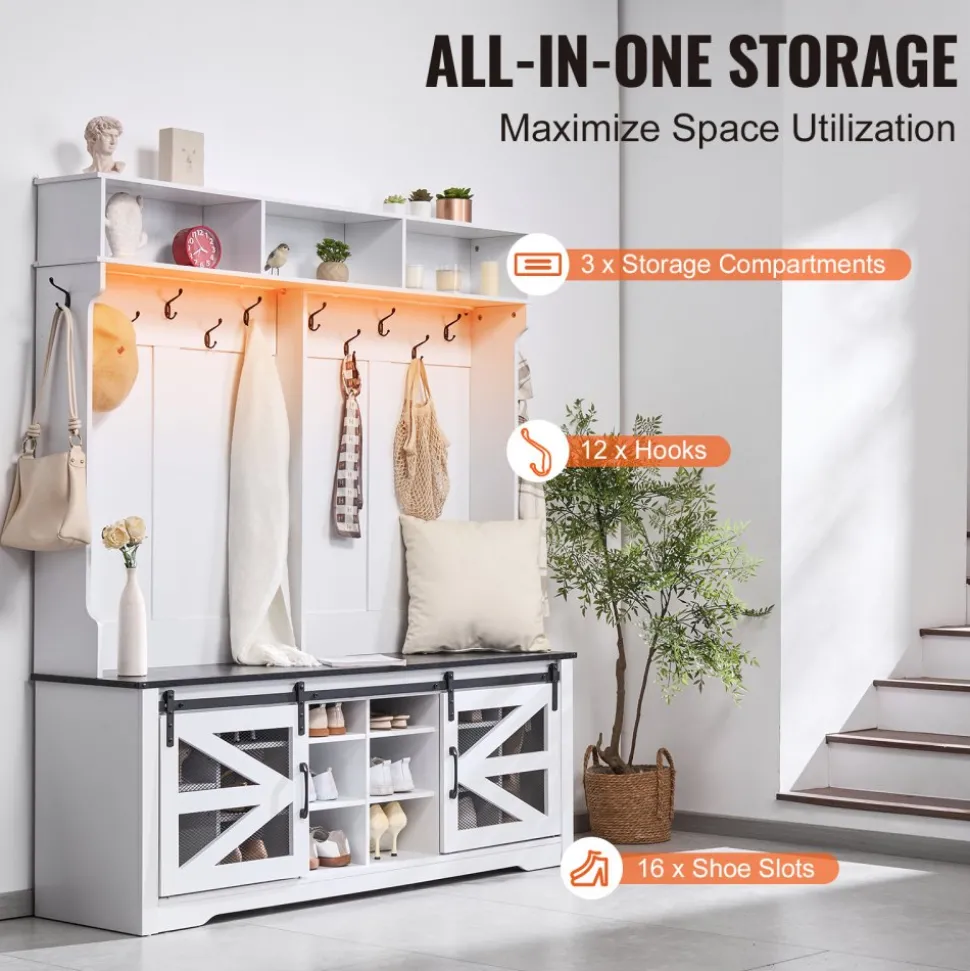 VEVOR Hall Tree Entryway Bench, LED Coat Rack with Shoe Storage, 59" Wide Mudroom bench with Storage and Seating, Adjustable Shelves and 12 Hanging Hooks, for Mudroom, Entryway, Hallway