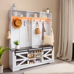 VEVOR Hall Tree Entryway Bench, LED Coat Rack with Shoe Storage, 59