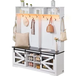 VEVOR Hall Tree Entryway Bench, LED Coat Rack with Shoe Storage, 59