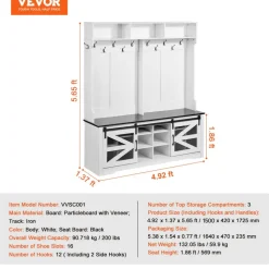 VEVOR Hall Tree Entryway Bench, LED Coat Rack with Shoe Storage, 59