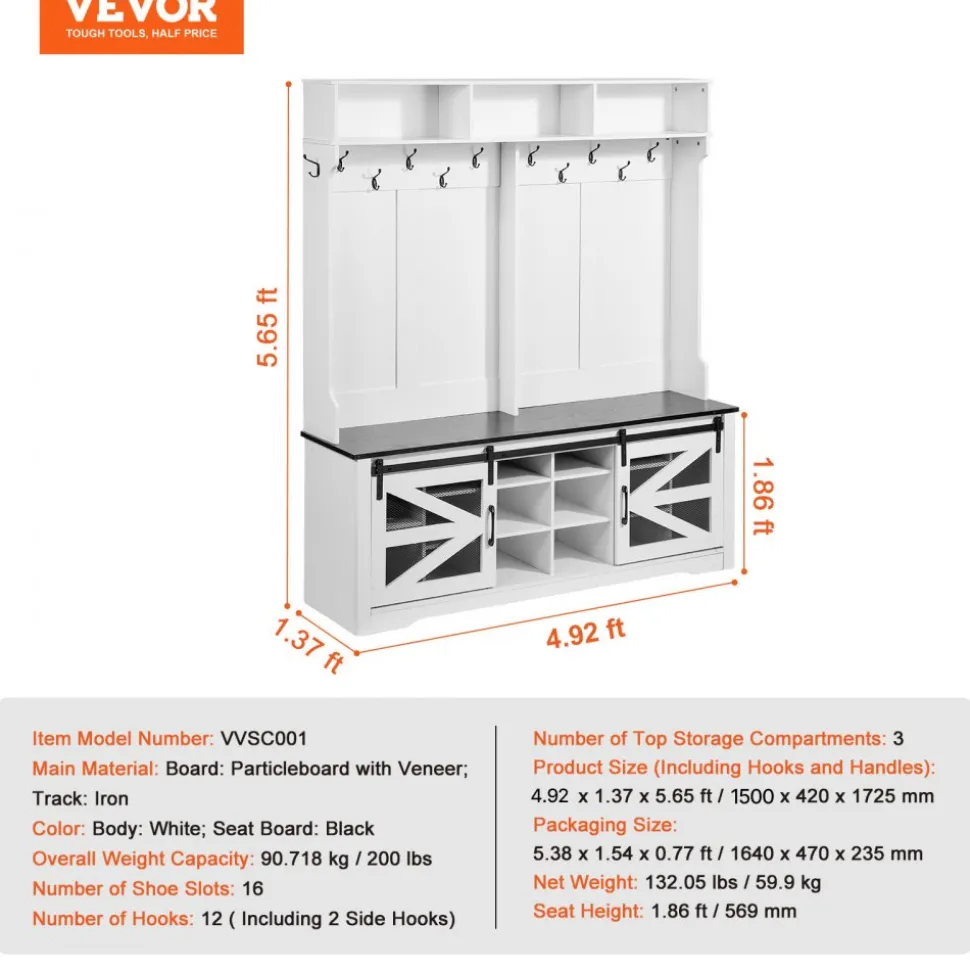 VEVOR Hall Tree Entryway Bench, LED Coat Rack with Shoe Storage, 59" Wide Mudroom bench with Storage and Seating, Adjustable Shelves and 12 Hanging Hooks, for Mudroom, Entryway, Hallway