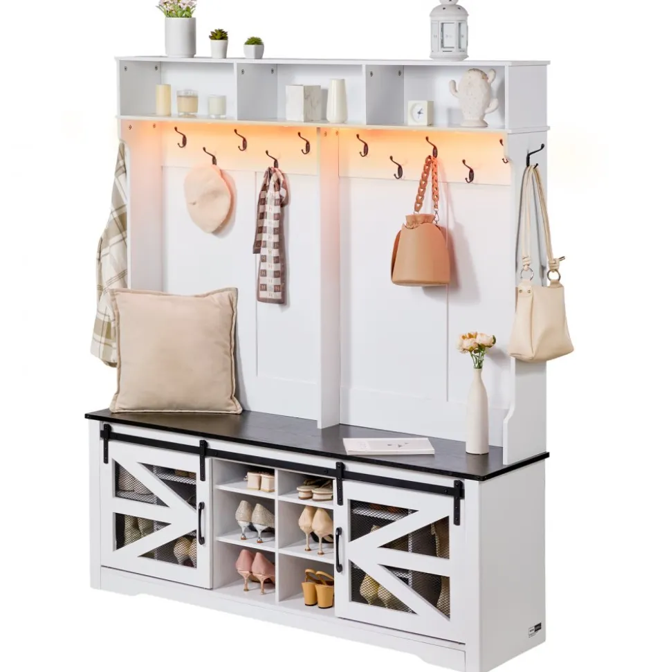 VEVOR Hall Tree Entryway Bench, LED Coat Rack with Shoe Storage, 59" Wide Mudroom bench with Storage and Seating, Adjustable Shelves and 12 Hanging Hooks, for Mudroom, Entryway, Hallway