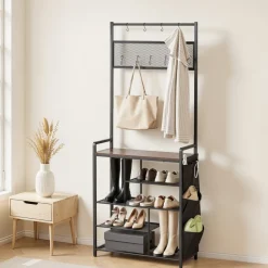 VEVOR Hall Tree, 70.9 in Coat Rack with Shoe Bench & 2 Drawers, 3-in-1 Freestanding Shoe Rack Storage Organizer with Bookshelf & Wire Shelf, Steel Frame Entrance Coat Holder for Entry, Bedroom, Closet