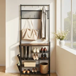 VEVOR Hall Tree, 70.9 in Coat Rack with Shoe Bench & 2 Drawers, 3-in-1 Freestanding Shoe Rack Storage Organizer with Bookshelf & Wire Shelf, Steel Frame Entrance Coat Holder for Entry, Bedroom, Closet