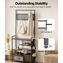 VEVOR Hall Tree, 70.9 in Coat Rack with Shoe Bench & 3 Drawers, 3-in-1 Freestanding Shoe Rack Storage Organizer with Bookshelf & Wire Shelf, Steel Frame Entrance Coat Holder for Entry, Bedroom, Closet