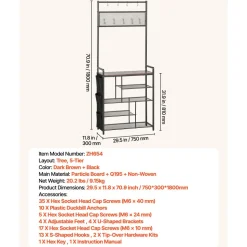 VEVOR Hall Tree, 70.9 in Coat Rack with Shoe Bench & 3 Drawers, 3-in-1 Freestanding Shoe Rack Storage Organizer with Bookshelf & Wire Shelf, Steel Frame Entrance Coat Holder for Entry, Bedroom, Closet