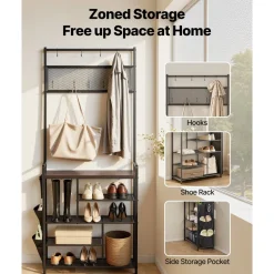 VEVOR Hall Tree, 70.9 in Coat Rack with Shoe Bench & 3 Drawers, 3-in-1 Freestanding Shoe Rack Storage Organizer with Bookshelf & Wire Shelf, Steel Frame Entrance Coat Holder for Entry, Bedroom, Closet