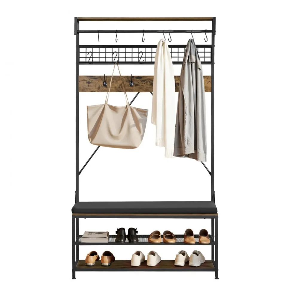 VEVOR Hall Tree, 72 in Coat Rack with Shoe Bench, 2-Tier Freestanding Shoe Rack Storage Organizer with Hooks, Hanging Rod and Wire Shelf, Steel Frame Entrance Coat Holder for Entry, Bedroom, Closet