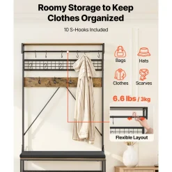 VEVOR Hall Tree, 72 in Coat Rack with Shoe Bench, 2-Tier Freestanding Shoe Rack Storage Organizer with Hooks, Hanging Rod and Wire Shelf, Steel Frame Entrance Coat Holder for Entry, Bedroom, Closet