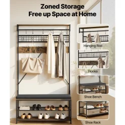 VEVOR Hall Tree, 72 in Coat Rack with Shoe Bench, 2-Tier Freestanding Shoe Rack Storage Organizer with Hooks, Hanging Rod and Wire Shelf, Steel Frame Entrance Coat Holder for Entry, Bedroom, Closet