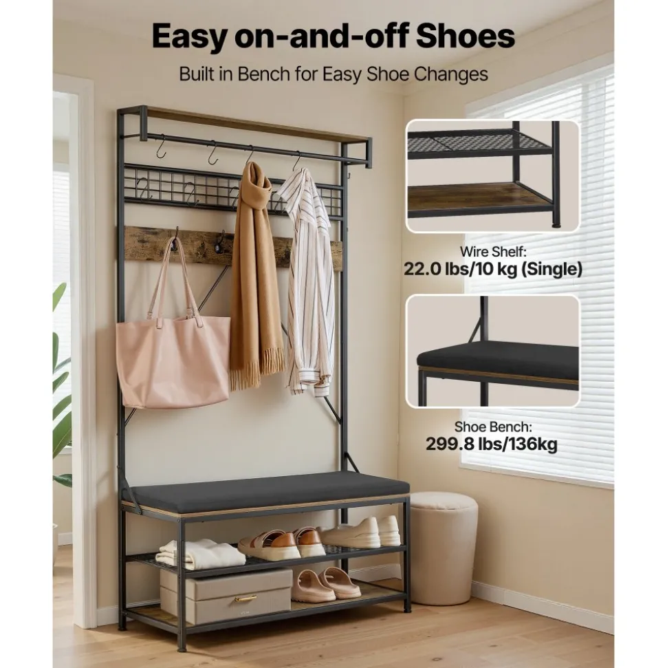 VEVOR Hall Tree, 72 in Coat Rack with Shoe Bench, 2-Tier Freestanding Shoe Rack Storage Organizer with Hooks, Hanging Rod and Wire Shelf, Steel Frame Entrance Coat Holder for Entry, Bedroom, Closet