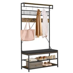 VEVOR Hall Tree, 72 in Coat Rack with Shoe Bench, 2-Tier Freestanding Shoe Rack Storage Organizer with Hooks, Hanging Rod and Wire Shelf, Steel Frame Entrance Coat Holder for Entry, Bedroom, Closet