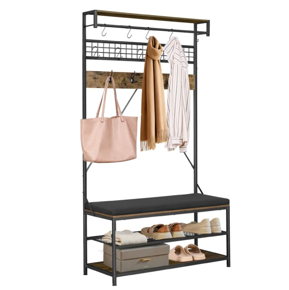 VEVOR Hall Tree, 72 in Coat Rack with Shoe Bench, 2-Tier Freestanding Shoe Rack Storage Organizer with Hooks, Hanging Rod and Wire Shelf, Steel Frame Entrance Coat Holder for Entry, Bedroom, Closet
