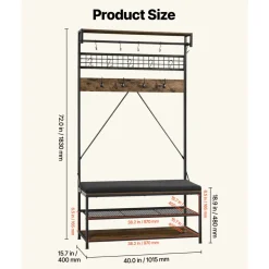 VEVOR Hall Tree, 72 in Coat Rack with Shoe Bench, 2-Tier Freestanding Shoe Rack Storage Organizer with Hooks, Hanging Rod and Wire Shelf, Steel Frame Entrance Coat Holder for Entry, Bedroom, Closet