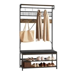 VEVOR Hall Tree, 72 in Coat Rack with Shoe Bench, 2-Tier Freestanding Shoe Rack Storage Organizer with Hooks, Hanging Rod and Wire Shelf, Steel Frame Entrance Coat Holder for Entry, Bedroom, Closet