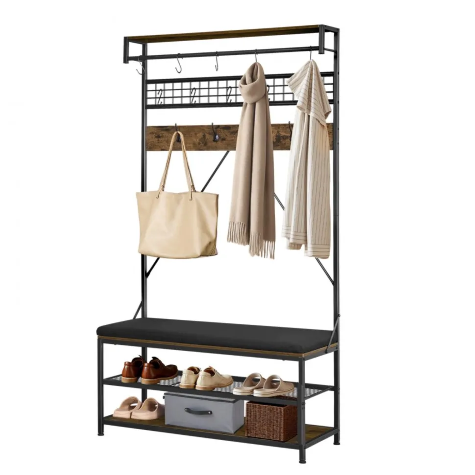 VEVOR Hall Tree, 72 in Coat Rack with Shoe Bench, 2-Tier Freestanding Shoe Rack Storage Organizer with Hooks, Hanging Rod and Wire Shelf, Steel Frame Entrance Coat Holder for Entry, Bedroom, Closet