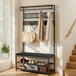 VEVOR Hall Tree, 72 in Coat Rack with Shoe Bench, 2-Tier Freestanding Shoe Rack Storage Organizer with Hooks, Hanging Rod and Wire Shelf, Steel Frame Entrance Coat Holder for Entry, Bedroom, Closet