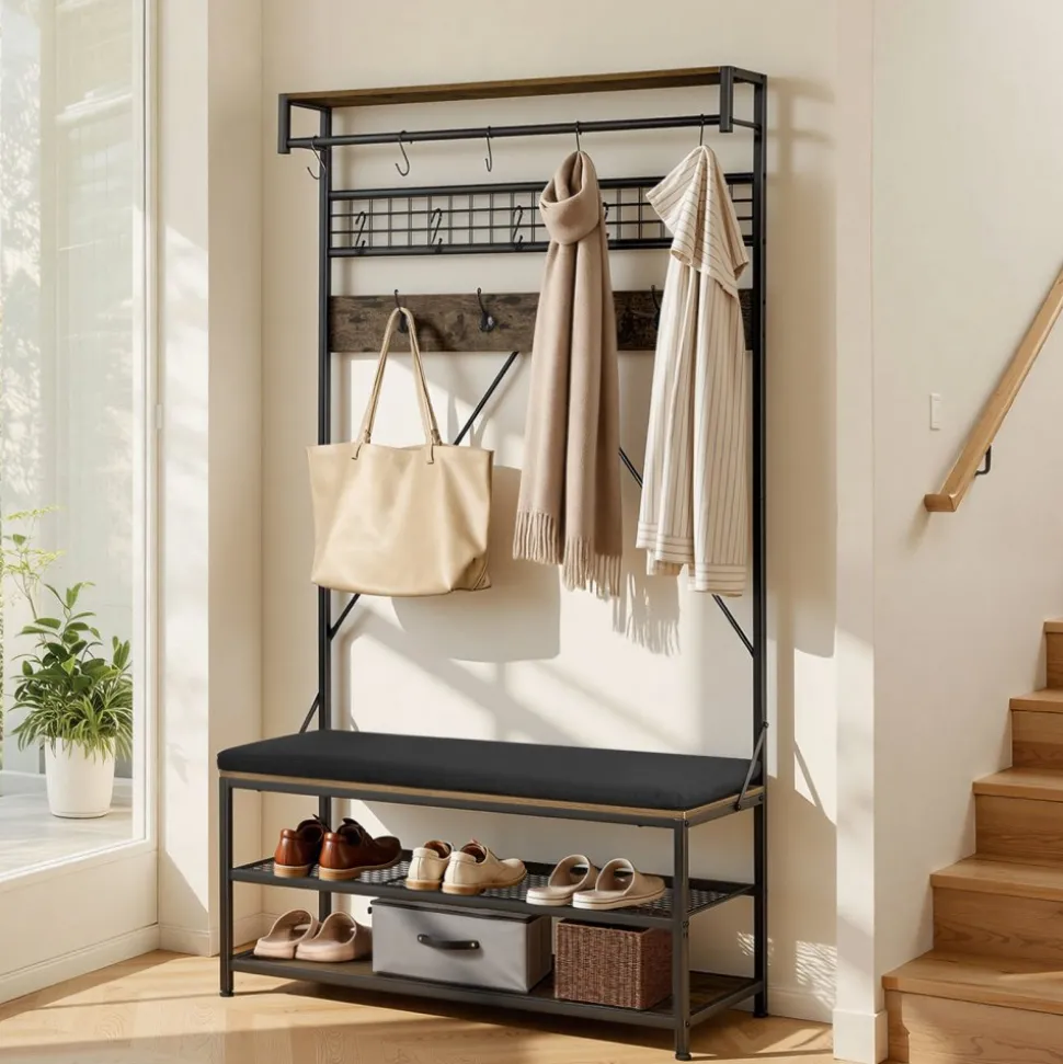 VEVOR Hall Tree, 72 in Coat Rack with Shoe Bench, 2-Tier Freestanding Shoe Rack Storage Organizer with Hooks, Hanging Rod and Wire Shelf, Steel Frame Entrance Coat Holder for Entry, Bedroom, Closet