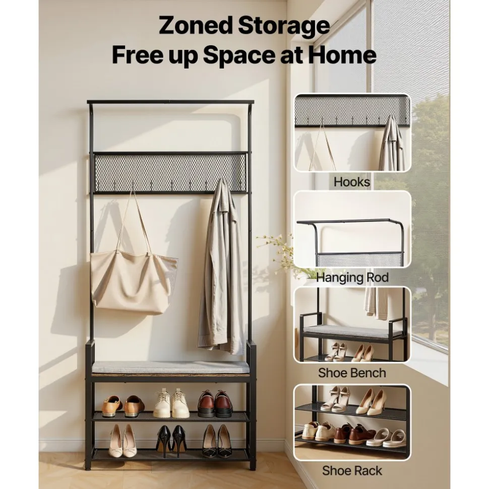 VEVOR Hall Tree, 72 in Coat Rack with Shoe Bench, Freestanding 2-Tier Shoe Rack Storage Organizer with Hooks, Hanging Rod and Wire Shelf, Steel Frame Entrance Coat Holder for Entry, Bedroom, Closet