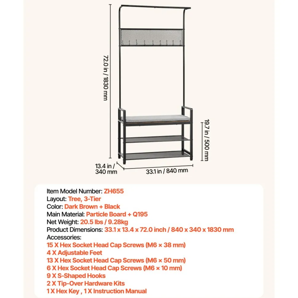 VEVOR Hall Tree, 72 in Coat Rack with Shoe Bench, Freestanding 2-Tier Shoe Rack Storage Organizer with Hooks, Hanging Rod and Wire Shelf, Steel Frame Entrance Coat Holder for Entry, Bedroom, Closet