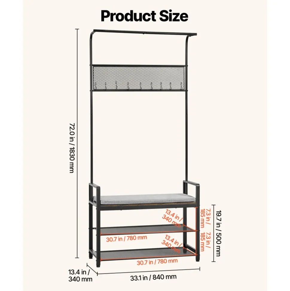 VEVOR Hall Tree, 72 in Coat Rack with Shoe Bench, Freestanding 2-Tier Shoe Rack Storage Organizer with Hooks, Hanging Rod and Wire Shelf, Steel Frame Entrance Coat Holder for Entry, Bedroom, Closet