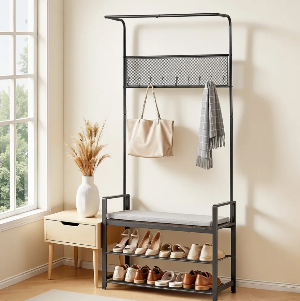 VEVOR Hall Tree, 72 in Coat Rack with Shoe Bench, Freestanding 2-Tier Shoe Rack Storage Organizer with Hooks, Hanging Rod and Wire Shelf, Steel Frame Entrance Coat Holder for Entry, Bedroom, Closet